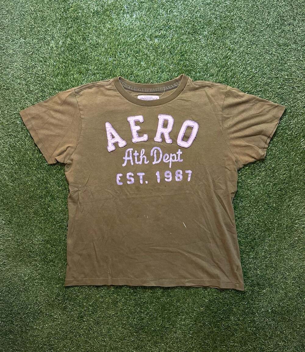 Y2K 2000s Aeropostale Ath Dept 1987 Graphic T-Shirt Olive Green